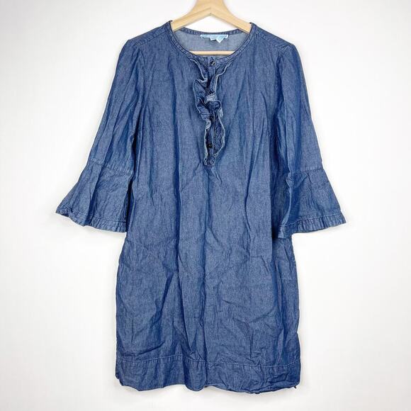 Draper James Ruffle Chambray Popover Dress 8 Dark Wash 3/4 Bell Sleeve #7466 - Picture 2 of 16
